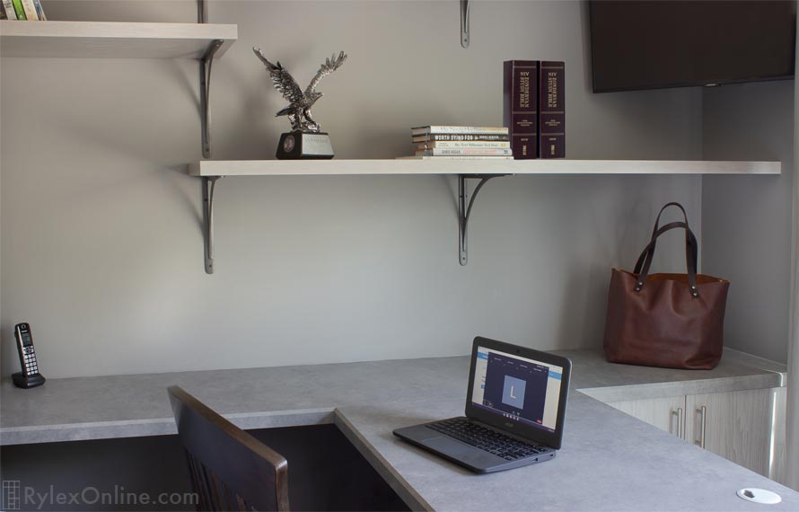 L-Shaped Home Desk with Wall Shelves Close Up