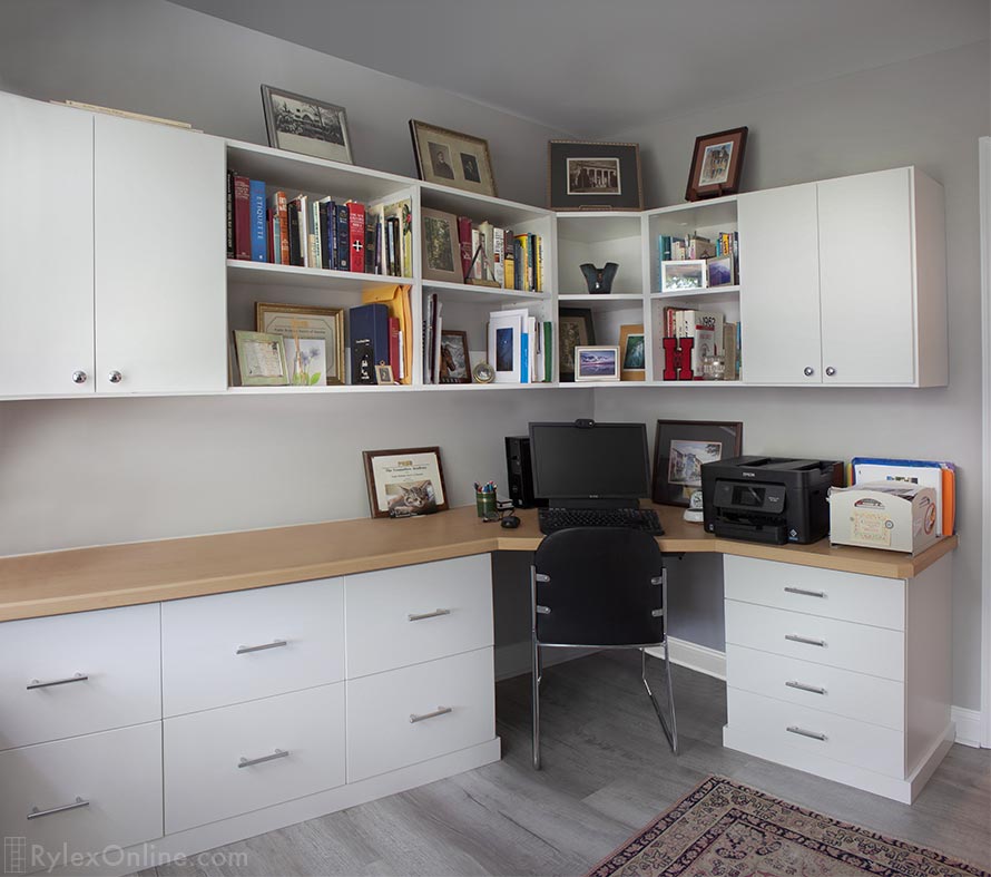 Home Office with Spacious Desktop, Multi-Drawer Cabinets and Open Shelving