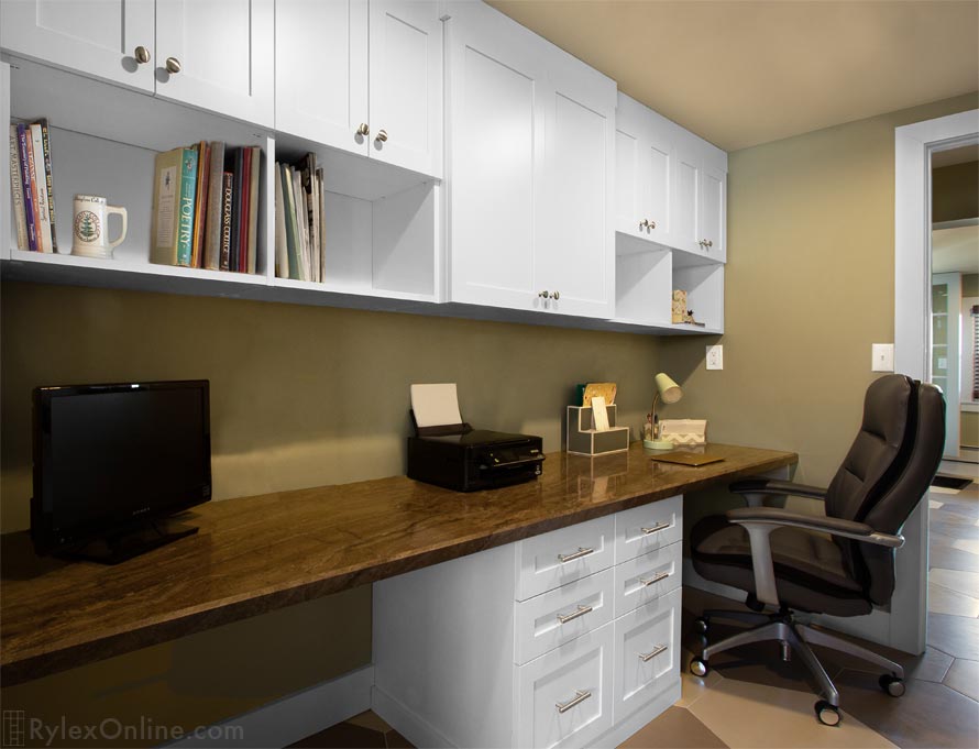 Work and Study Home Office with Continuous Work Surface, Open Book Shelves, Overhead Cabinets