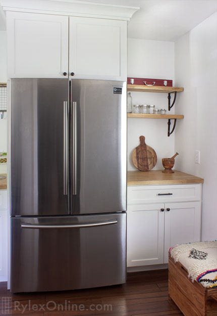 Refrigerator Side Cabinet with Maple Butcher Block Counter and Open Wood Shelves