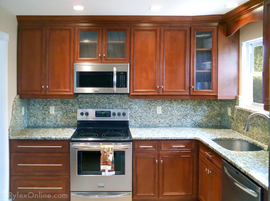 Kitchen Cabinets with Crown Moulding, Reed Glass Doors and Lower Drawer Cabinets