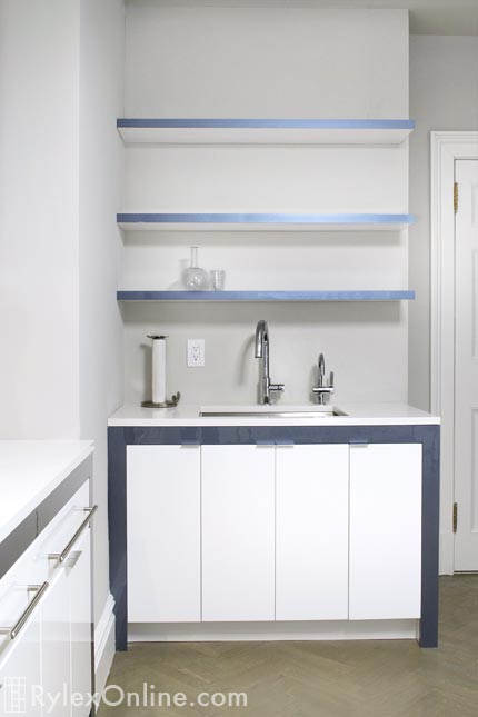 Kitchen Cabinet with Metallic Detailing and Open Shelving