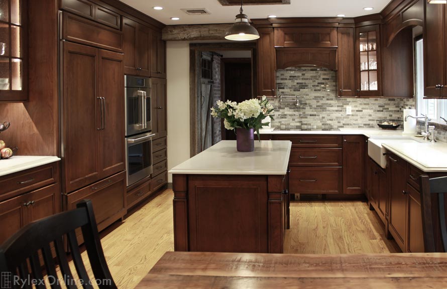 Kitchen Cabinets with Range Hood and Lighted Corner Cabinet with Glass Door