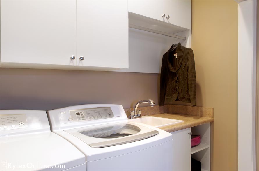 White Laundry Cabinets with Drying Rack and Lower Cabinet for Storage
