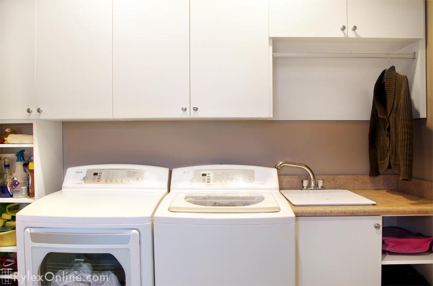 White European Style Laundry Cabinets with Drying Rack and Sink Cover to Expand Folding Counter