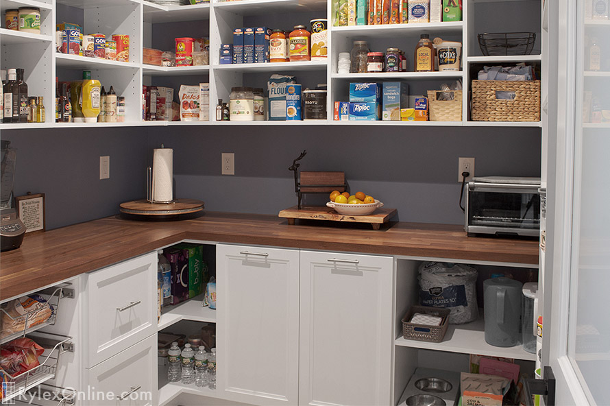 Pantry Wraparound Countertop with Open Shelves and Sliding Baskets