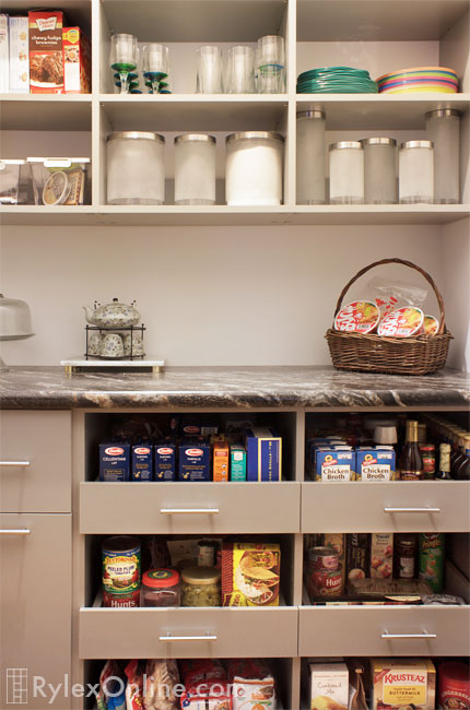 Pantry with Open Shelves and Open Pullout Drawers