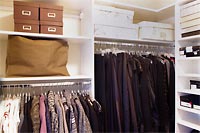 Walkin Closet with Hanging Storage, Drawers and Open Shelves