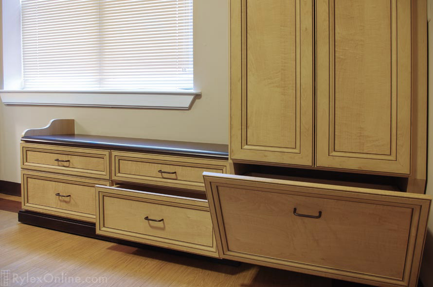 Assisted Living Cabinets with Soft Edges and Angled Shoe Drawer