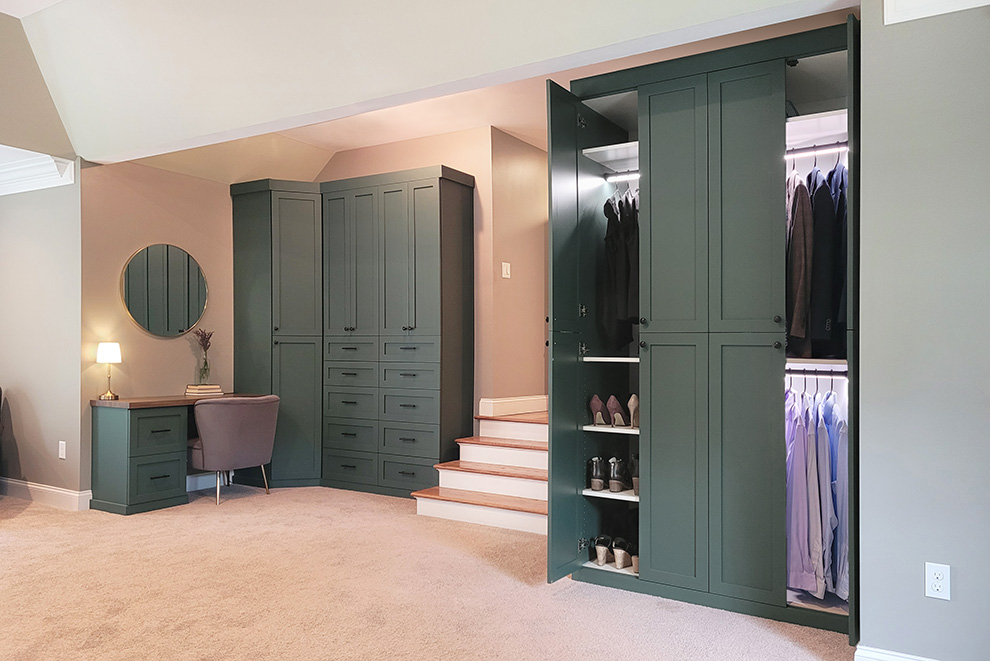 Custom Built-In Home Office and Bedroom Cabinetry with Cabinet Lighting