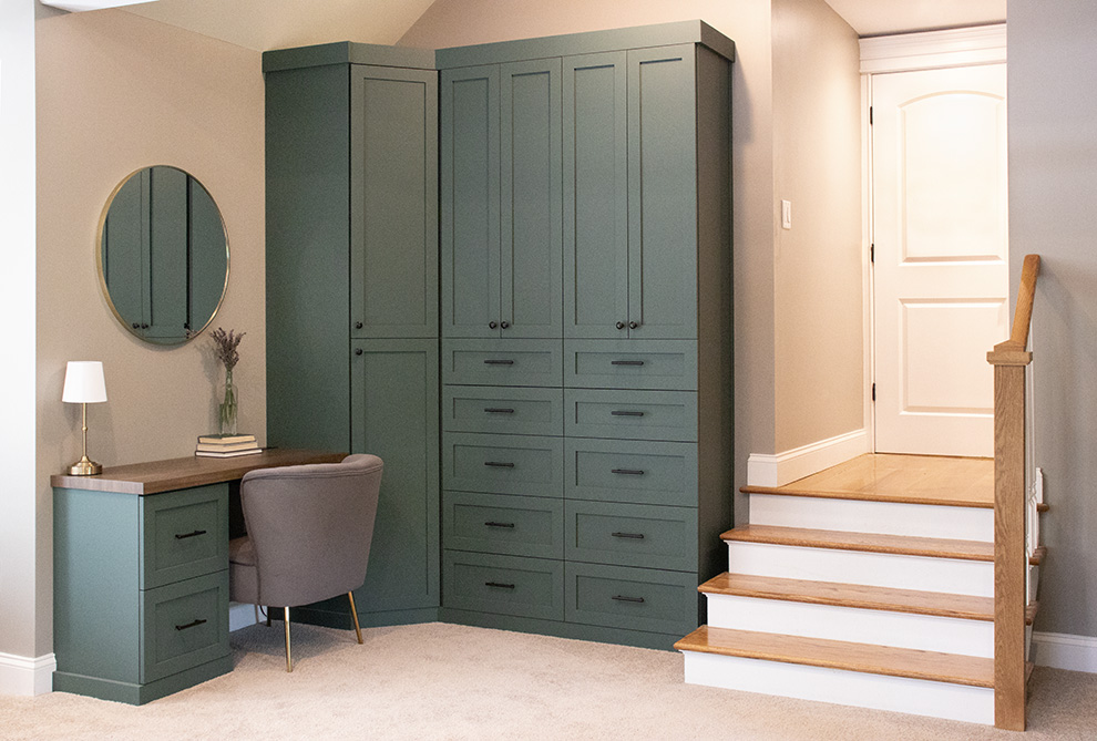 Custom Built-In Bedroom Office Desk and Cabinets with Interior Lighting