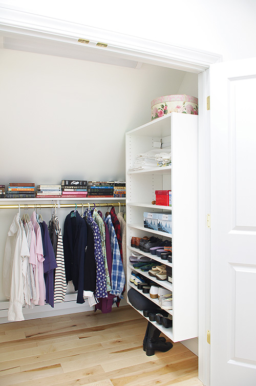 Under Eaves Storage Closet with Open Shoe Shelves Cabinet