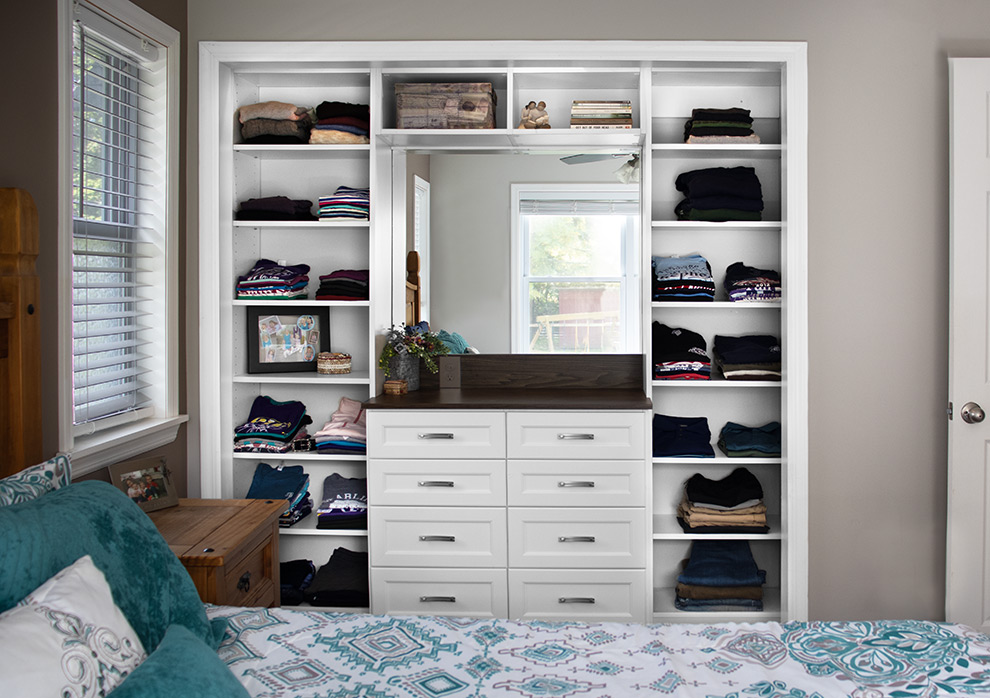 Reach-In White Closet with Built-In Dresser