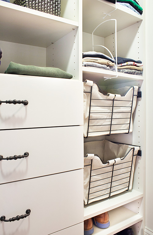 Closet Drawers with Sliding Baskets and Shelf Dividers Close Up