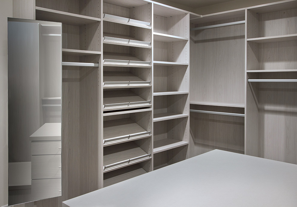 Bedroom Closet with Swivel Mirror and Open Shelving