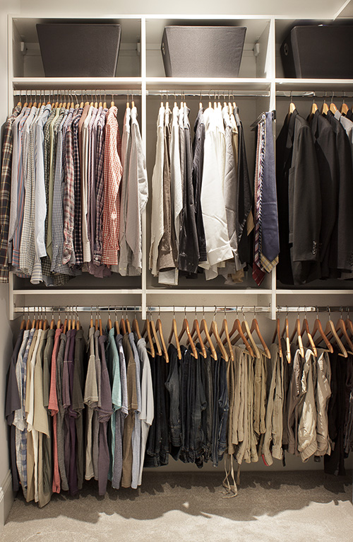 Contemporary Men's Closet with Open Shelves and Hanging Space