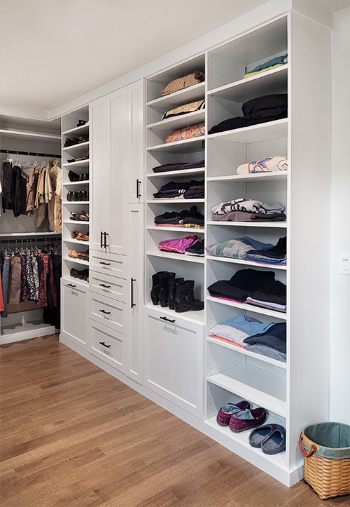 Custom Closet Cabinets with Open Shelves and Drawers