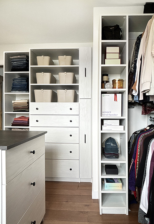 Walk-In Custom Closet with Jewelry Pull Out Cabinets and Adjustable Shelving