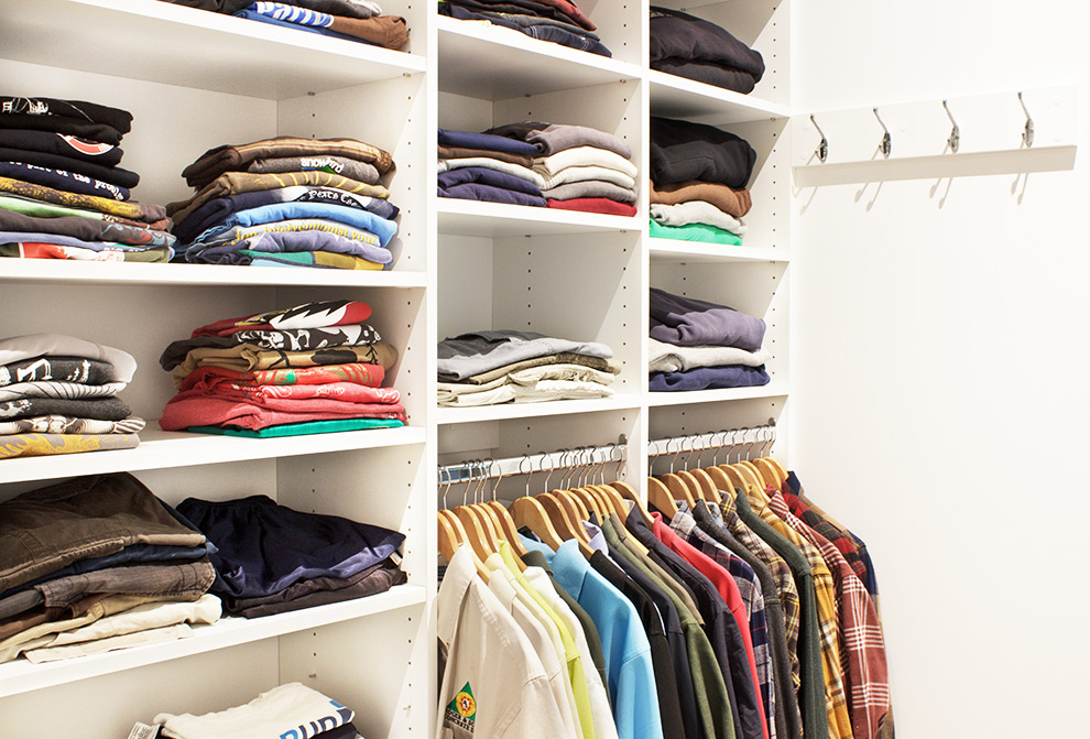 Closet Shelving with Hanging Space and Robe Hooks Rack