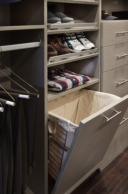 Angled Shoe Shelves with Fence and Tilt Out Hamper Drawer