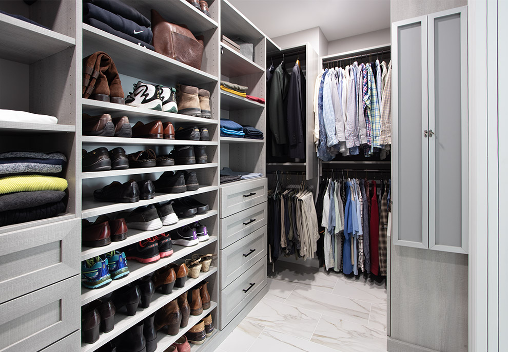 Shared Primary Closet Men's Side with Flat Shoe Shelves