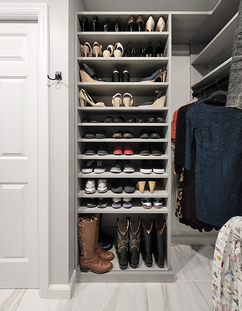 Shared Closet Ladies Section Shoe and Boot Adjustable Shelves