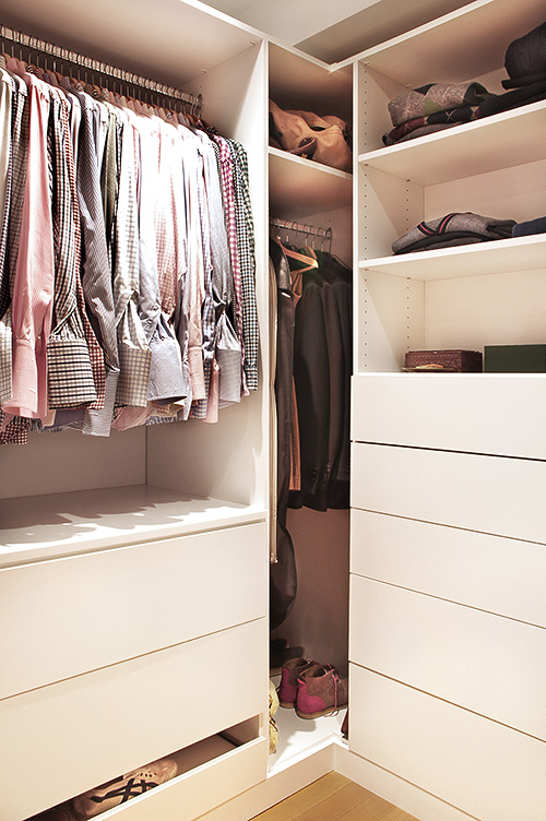 Linear Hanging Closet with Cabinet Drawers and Open Shelving