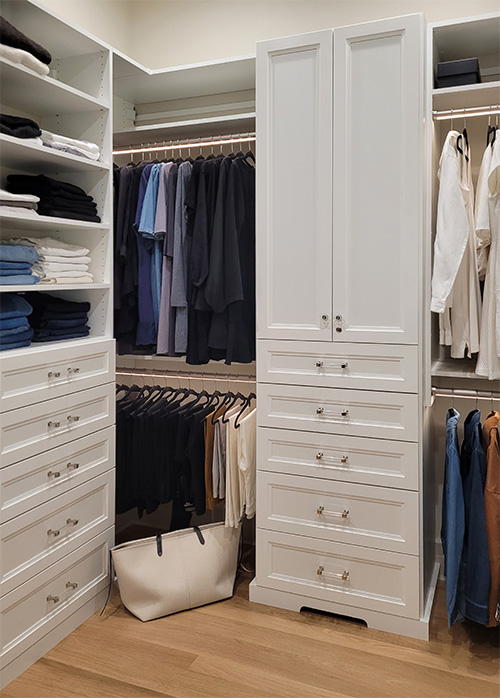 White Closet Organized with Ample Drawers and Adjustable Shelves