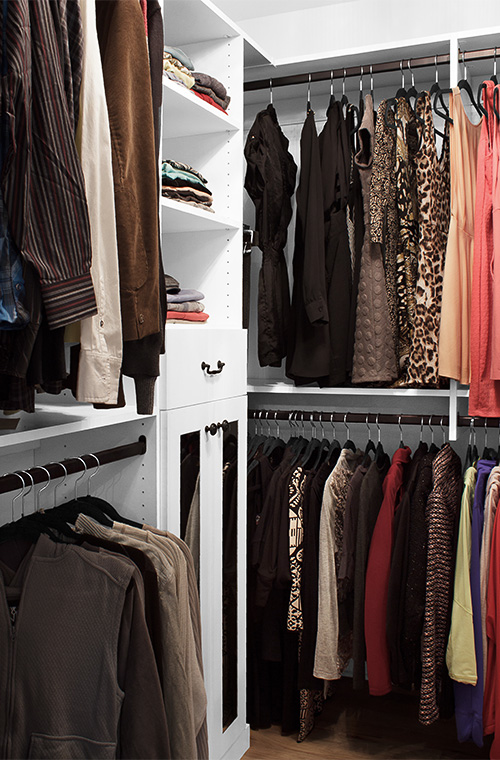 Walk-In Closet with Cabinet Drawers and Adjustable Shelving