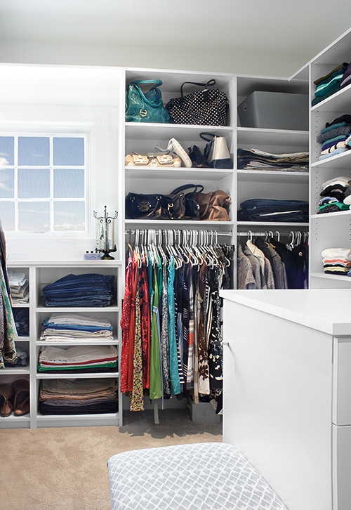 Walk-in Closet Under Window Shelf Cabinet with Open Shelving and Hanging Storage