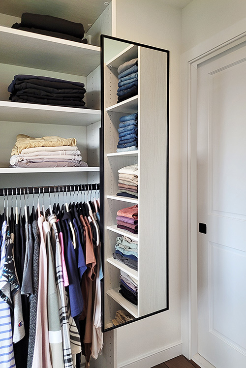 Primary Closet with Open Shevles and Swivel Mirror