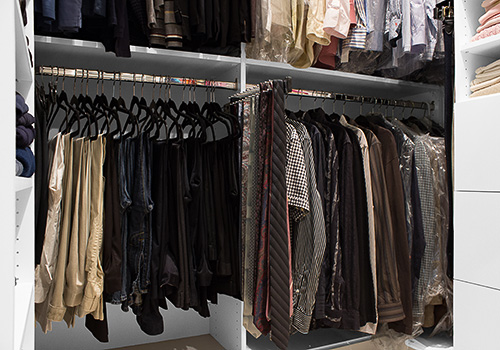 Men's Closet with Cabinet Drawers and Sliding Tie Rack