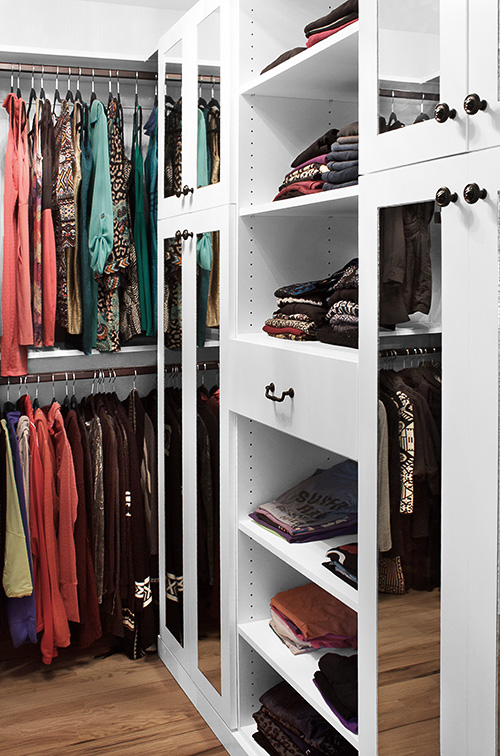 Mirrored Doors with Open Shelves and Drawers