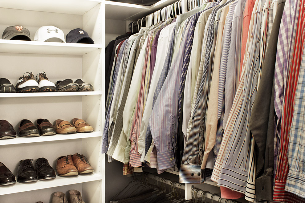 Men's Closet with Open Shelving and Hanging Storage