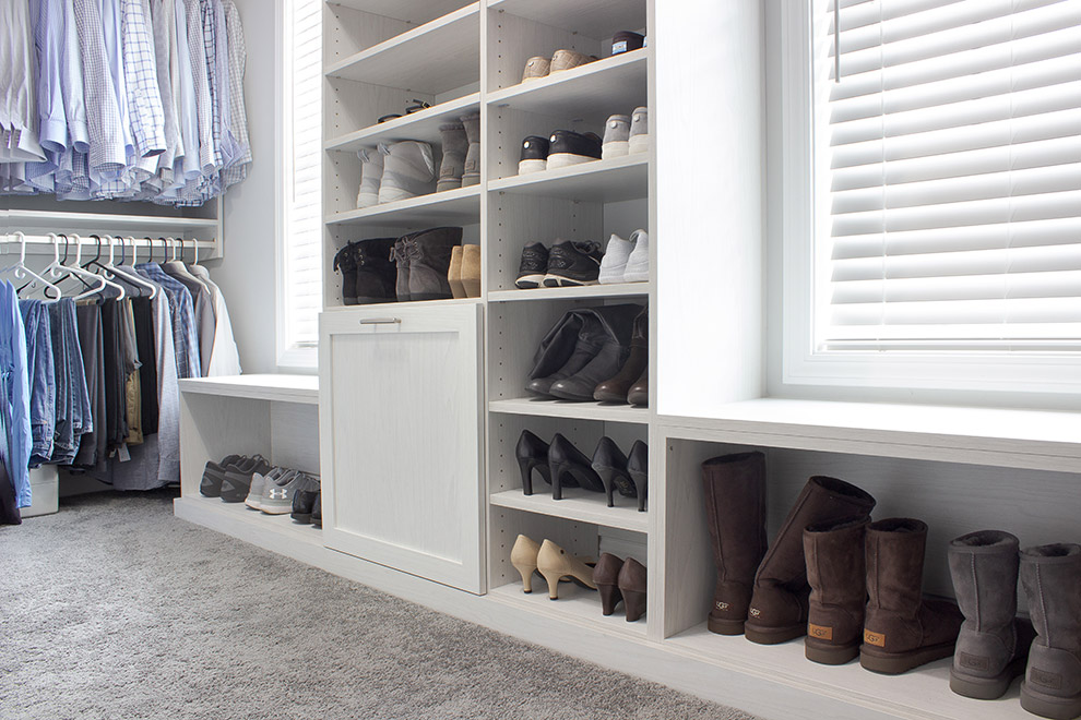 Men and Women Closet with Shared Shoe Shelves