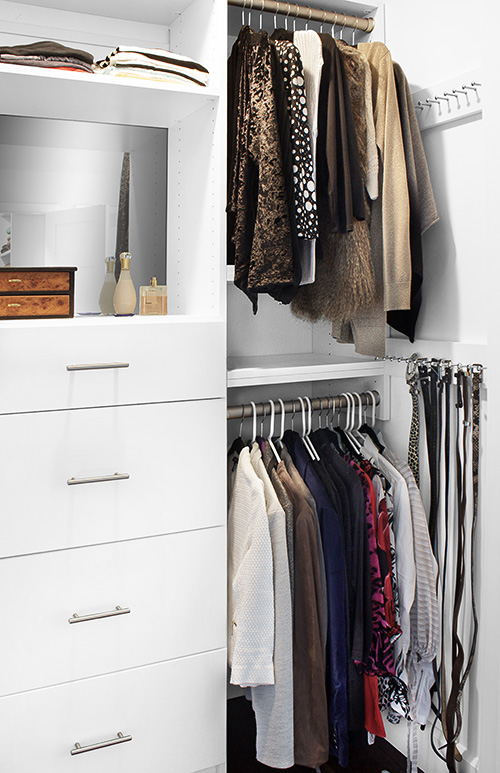 Closet with Mirrored Cabinet, Jewelry Drawer, Hanging Space and Belt Racks