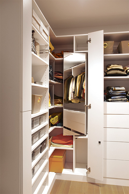 Slim Profile Closet Folding Mirror with Open Shelving