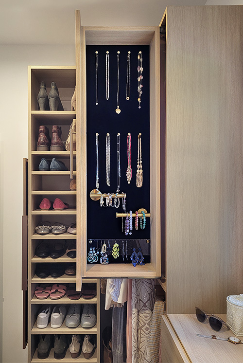 Ladies Closet with Jewelry Pullout, Adjustable Shoe Shelves and Hanging Space