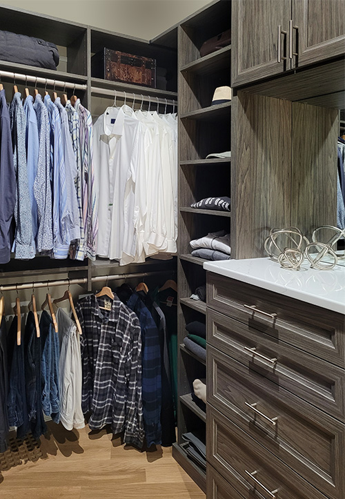 Men's Closet with Adjustable Shelves and Built In Dresser Cabinet with Drawers