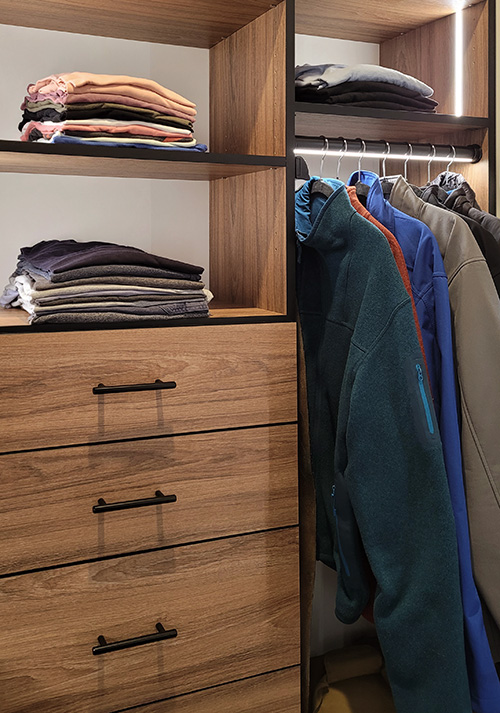 Stylish Men's Closet with Lighted Garment Rods, LED Lighting and Cabinet Drawers