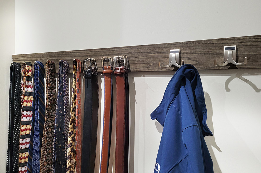 Closet Belt and Tie Rack with Double Robe Hooks