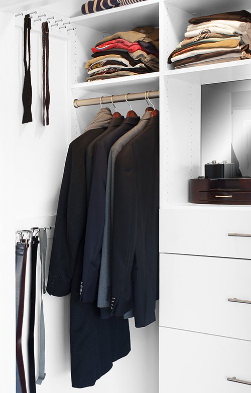 White Organized Men's Closet with Belt and Tie Racks and Hanging Space