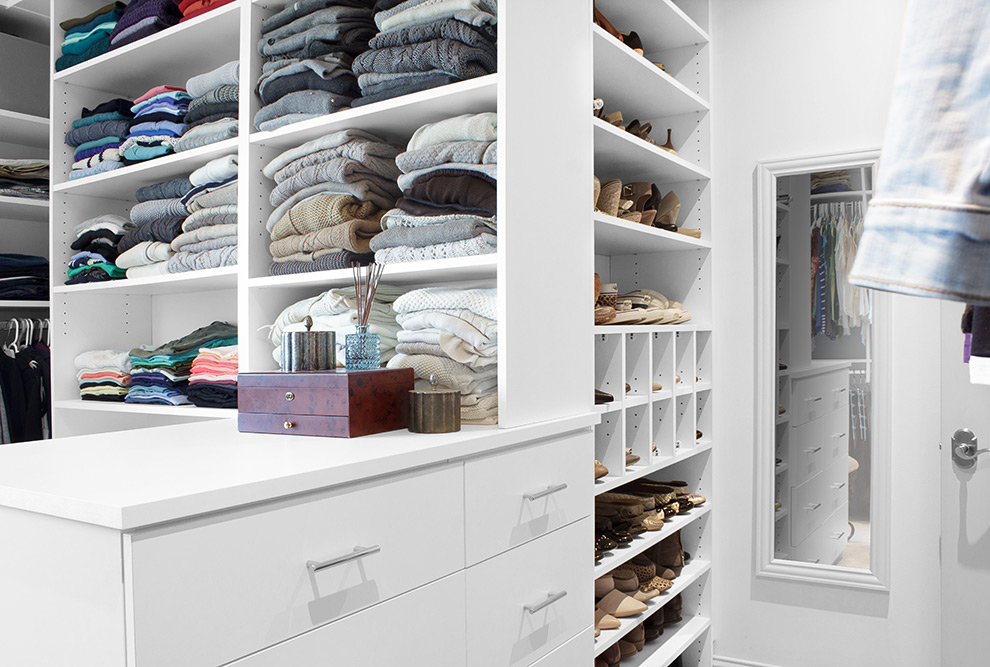 Closet Island Cabinet Drawers and Open Shelves White Finish