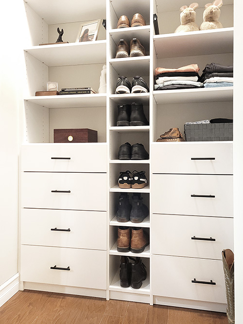 White Hall Closet with Shoe Shelves and Drawers