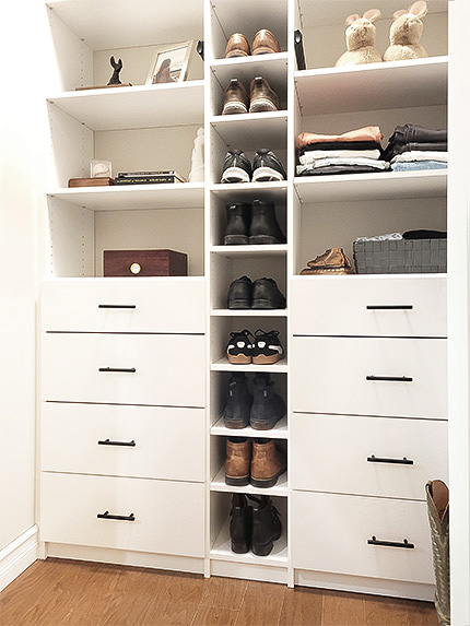 White Hall Closet with Shoe Shelves and Drawers