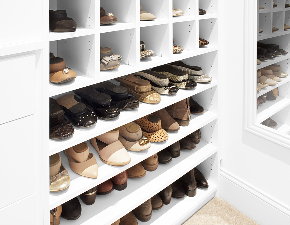 White Closet Adjustable Shoe Shelves and Shoe Cubbies