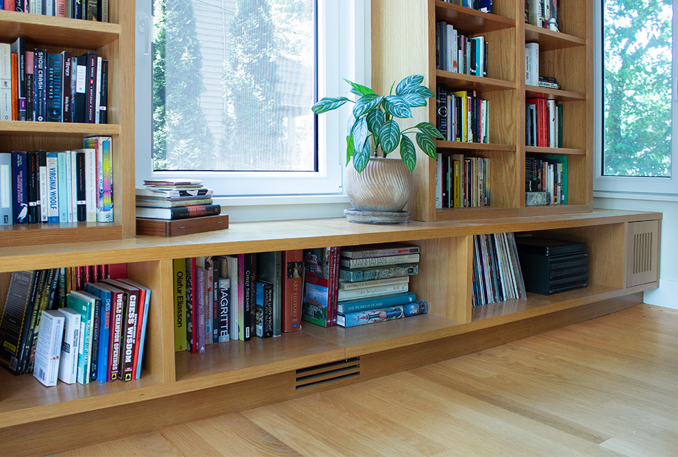 Bookcase Built On Bench Floor to Ceiling Shelving