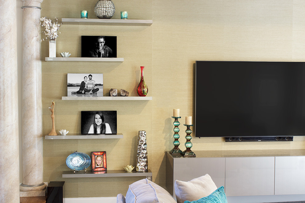 Family Room with High Gloss Floating Shelves and Entertainment Cabinet