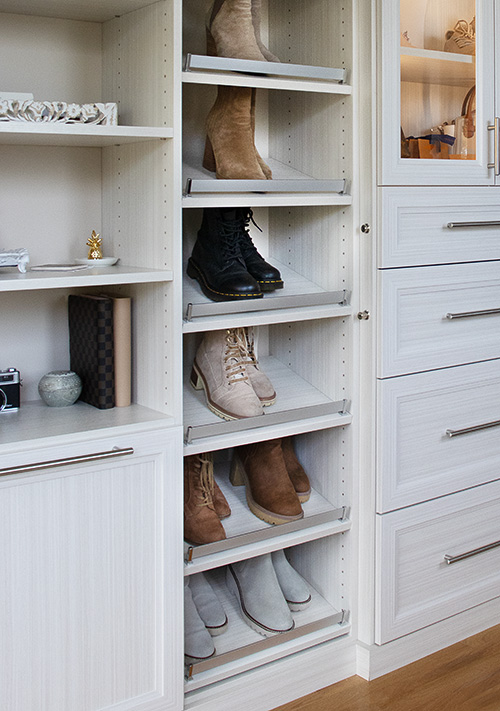 Adjustable Angled Shoe Shelves with Satin Chrome Fence