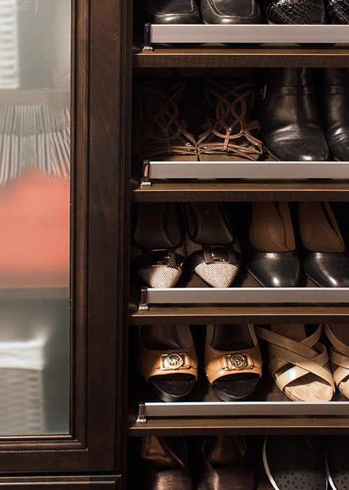 Angled Closet Shoe Shelves with Satin Chrome Fence